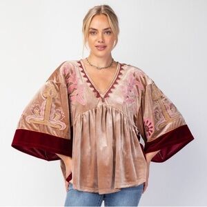 Easel Velvet Kimono Sleeve Top in Pink and Brown